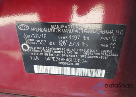 2016 Hyundai Sonata Se from USA, damaged, VIN 5NPE24AF4GH382041